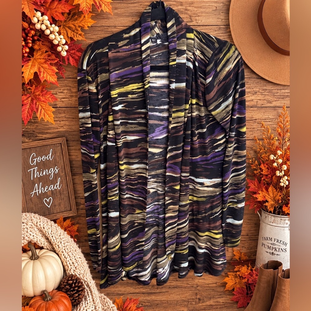Open-Front Wave-Pattern Vest in Black with Purple & Yellow Accents